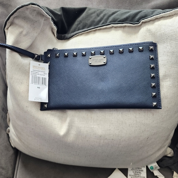 Michael Kors Saffiano Leather Micro Stud Travel Wallet  MICHAEL Michael Kors Navy Saffiano Studded Wristlet